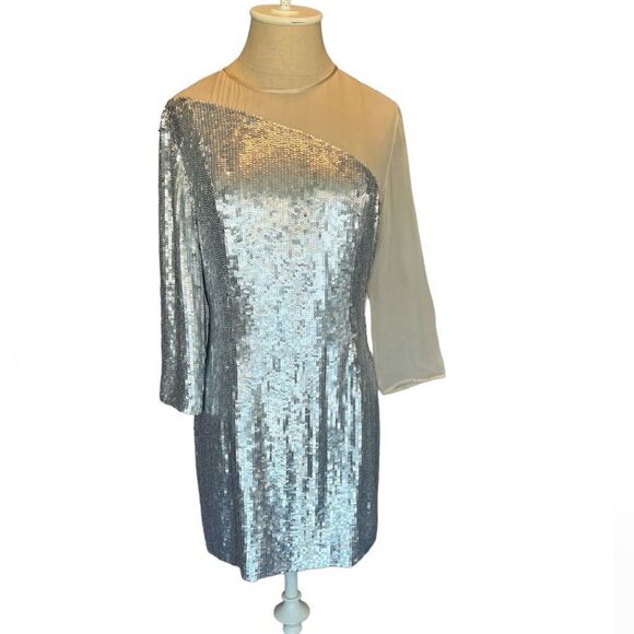PARKER BLACK One Shoulder Silver Sequin Mini Dress - Picture 1 of 5